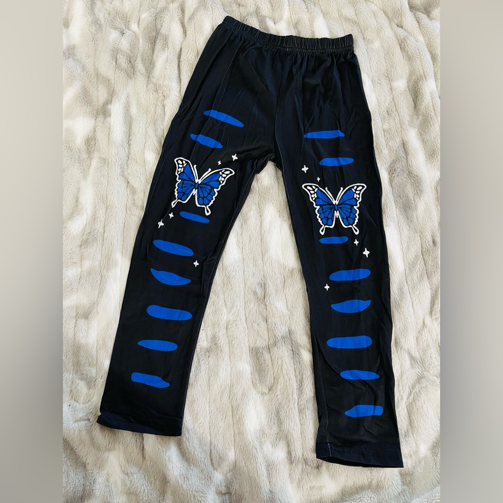 Kids Butterfly Print Leggings - Black and Blue